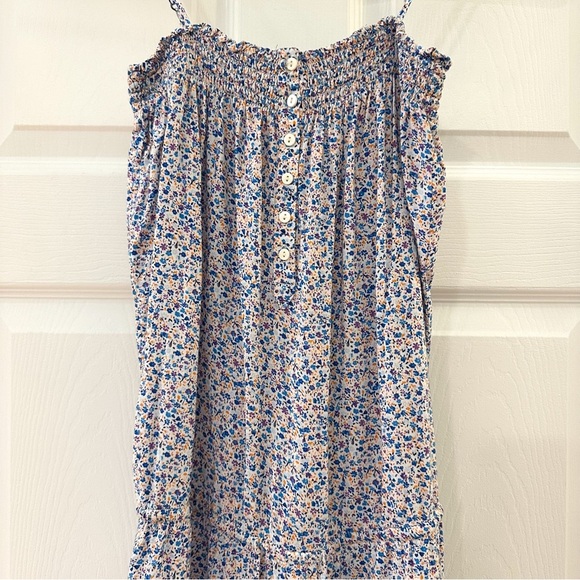 H&M Floral Tie Waist Romper Smocked Top Button Front Blue - Picture 3 of 7